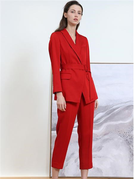 丽莫女装品牌2020秋季商务红色束腰套装
