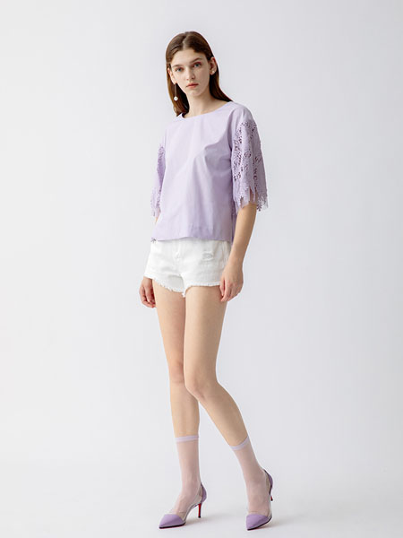曼娅奴女装品牌2020秋季镂空紫色半袖衬衫