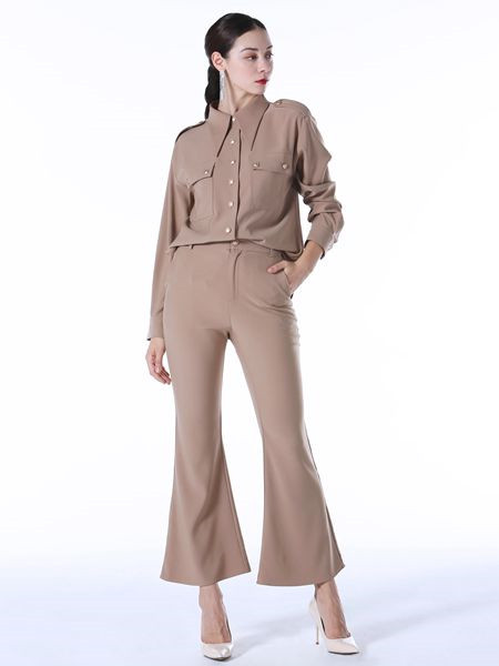 Vesper Lynd女装品牌2020秋冬褐色立领休闲套装