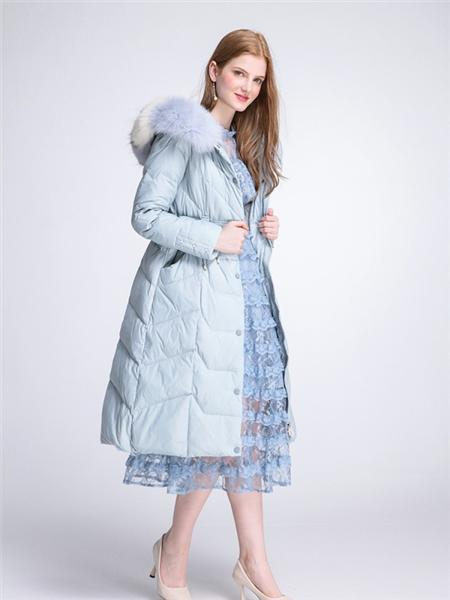 伊纱贝莲JSAPUILIN女装品牌2020秋季蓝色带帽长款羽绒服