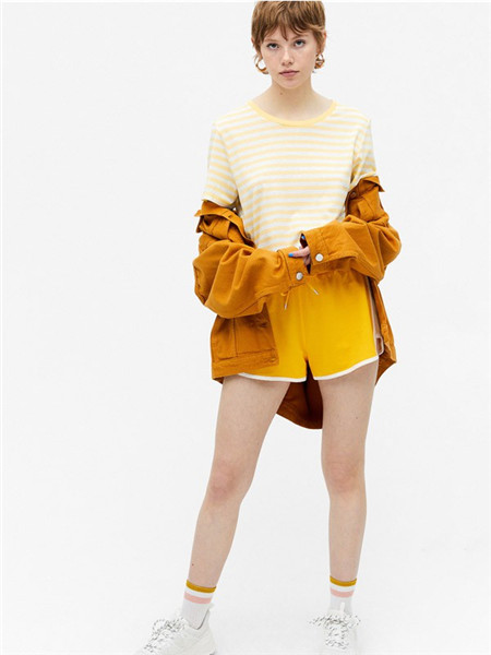Monki女装品牌2020春夏黄色条纹T恤
