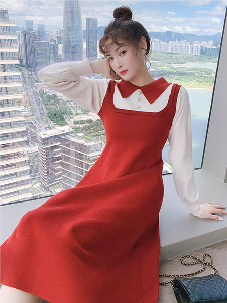 歌贝姿女装品牌2020秋季吊带红色连衣裙