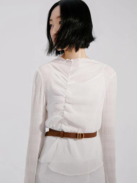 ID女装品牌2020春夏束腰白色半透衬衫