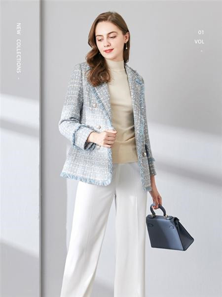 闊太女裝品牌2020秋冬韓版藍色毛呢外套