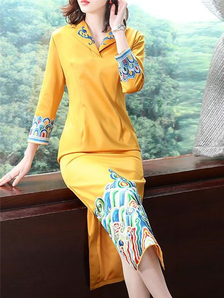 品唐斋女装品牌2020秋季黄色民族风旗袍