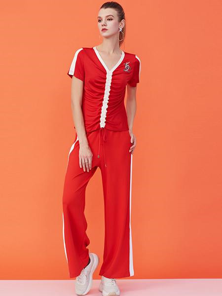 五色风马WSFM女装品牌2020秋季V领红色套装