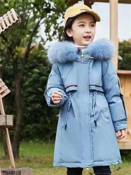 宾果童话童装品牌2020秋冬蓝色加绒长款棉衣