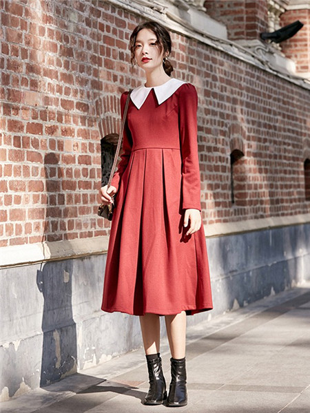 LHN女装品牌2020秋季红色修身连衣裙