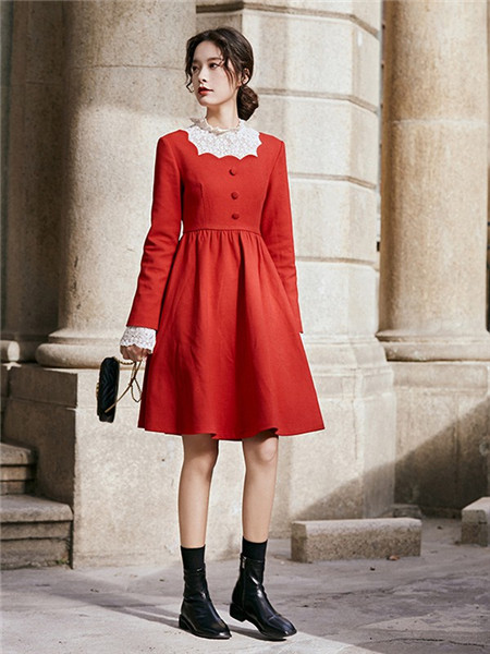 LHN女装品牌2020秋季印花长袖红色束腰连衣裙