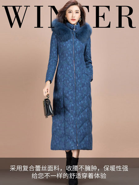 纳绎女装品牌2020秋冬斑点蓝色大衣