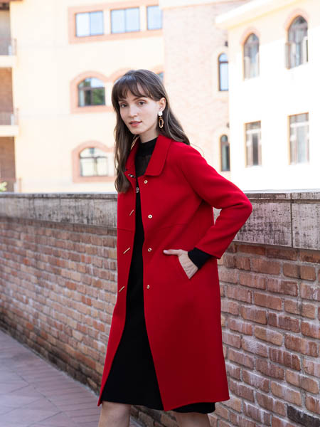 布根香女装品牌2020秋冬红色长款大衣