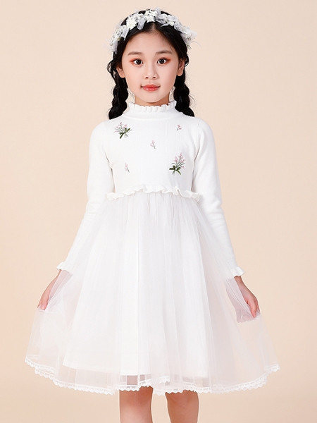 可趣可奇童装品牌2020秋冬公主白色印花连衣裙