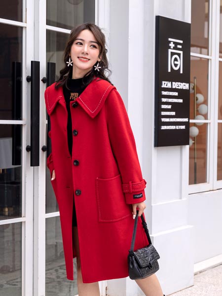 伊芭罗Ebrrlo女装品牌2020秋冬红色长款大衣