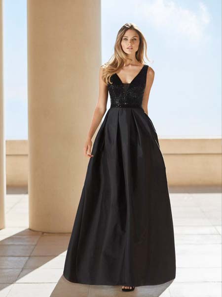 rosaclara2020秋季无袖黑色长款连衣裙