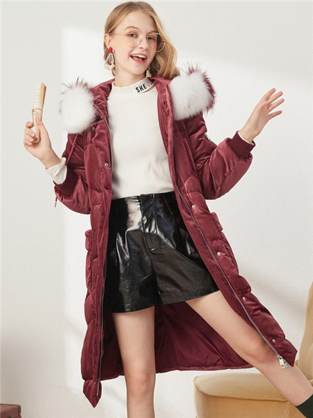 菲妮尔女装品牌2020秋冬红色加绒长款羽绒服