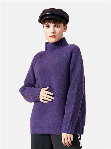 卡汶女装品牌2020秋冬高领紫色针织衫