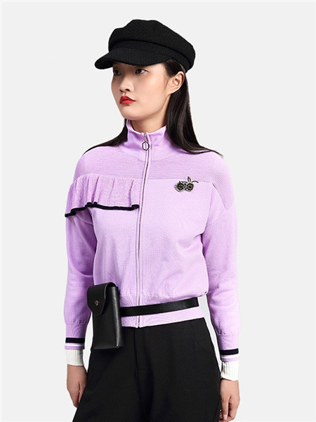 卡汶女装品牌2020秋冬高领紫色毛呢开衫上衣
