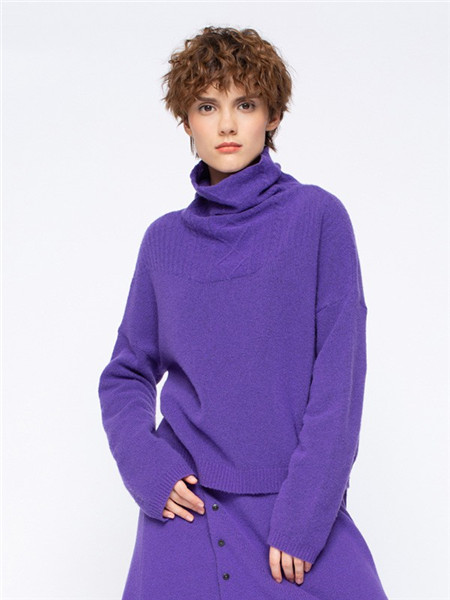 卡汶女装品牌2020秋冬潮流紫色高领针织衫