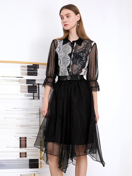 圣迪勒女装品牌2020春夏印花蕾丝黑色纱裙