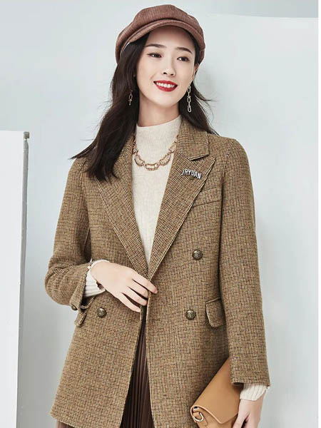 西纳维思女装品牌2020秋冬棕色格子纹翻领大衣