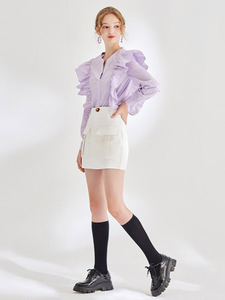 KATYKALEN女装品牌2020秋冬紫色简约花边衬衣