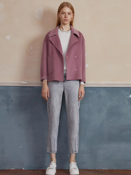 恩瑞妮女装品牌2020秋冬紫色简约羊绒外套