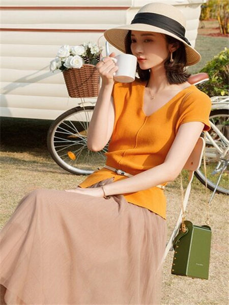 画甸女装品牌2020秋季橙色短袖毛绒上衣