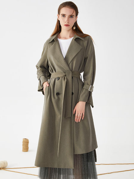 针线时光女装品牌2020秋季女神束腰灰色长款外套