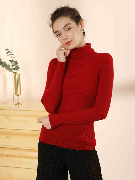 红太羊绒羽绒羊绒品牌2020秋冬精纺高领包臀连衣裙纯山羊绒针织毛衣
