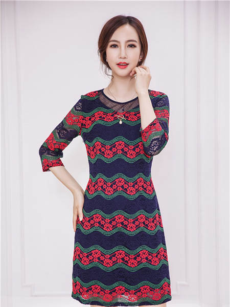 威-杰尔/川-美/森菡女装品牌2020秋冬红色印花条纹连衣裙