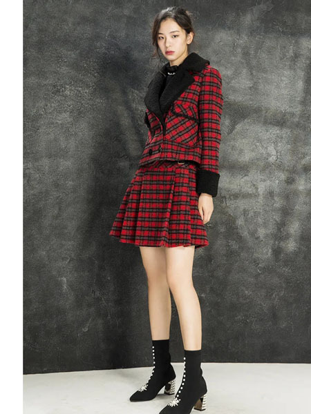 媛帆Yuanfan女装品牌2020秋冬红色格子双面呢加棉外套半身短裙