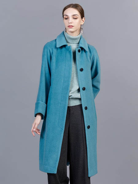 showlong、舒朗、美之藤、高歌女装品牌2020秋冬蓝色系扣长款毛呢大衣