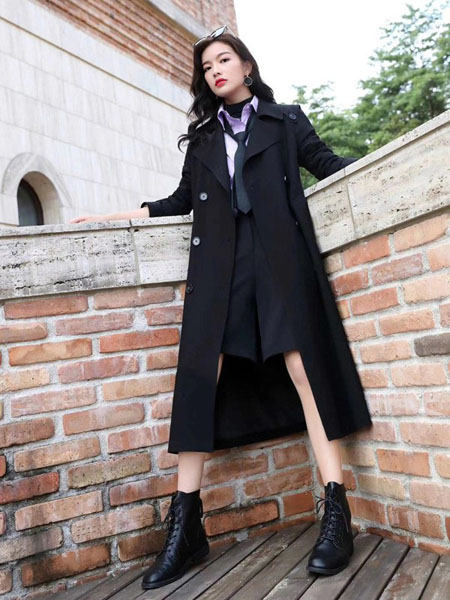 MonteLupo梦珀女装品牌2020秋冬黑色成熟长款毛呢大衣