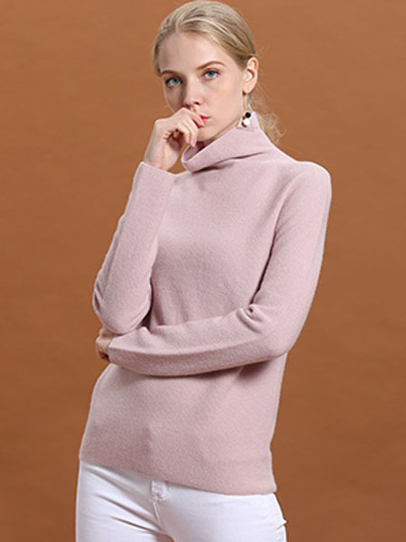 金菊女装品牌2020秋冬高领粉色长袖修身针织衫
