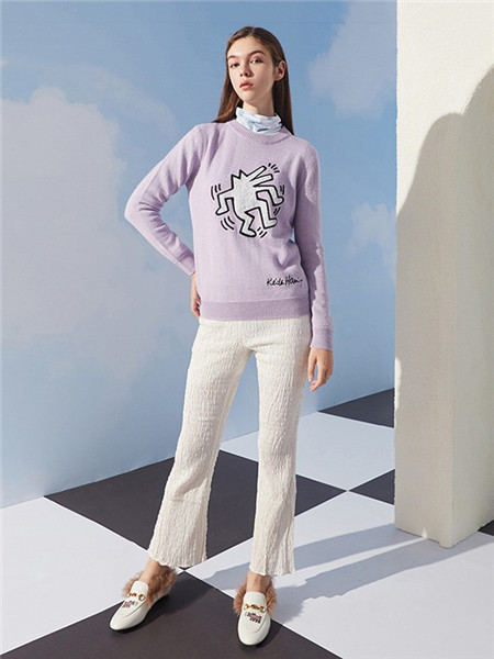 OZLANA女装品牌2020秋冬紫色圆领抽象上衣