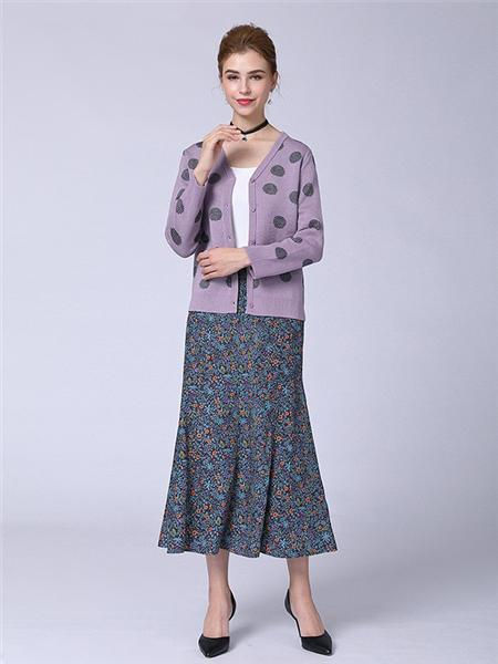 菲迪雅丝女装品牌2021春夏紫色波点针织外套