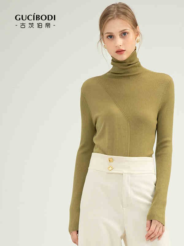 古茨伯帝女装品牌2020秋冬高领深绿色长袖针织衫