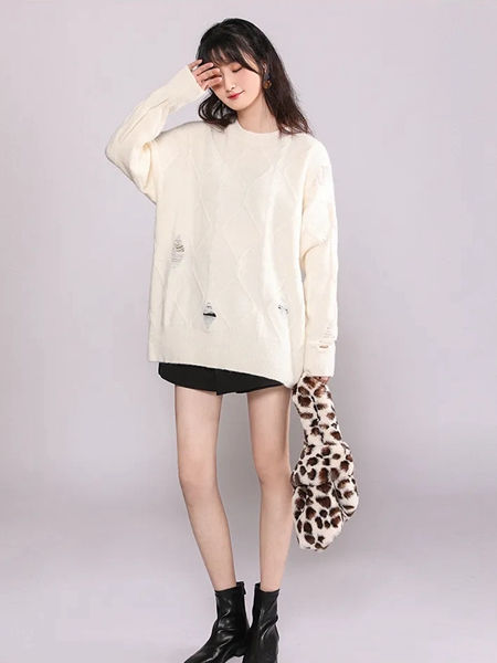 韩依瑞女装品牌2020秋冬长袖白色针织衫