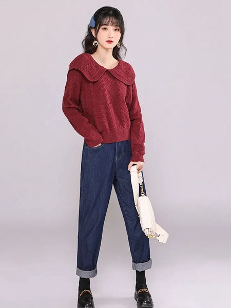 韩依瑞女装品牌2020秋冬条纹红色针织衫