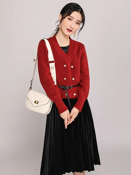 韩依瑞女装品牌2020秋冬红色针织开衫上衣