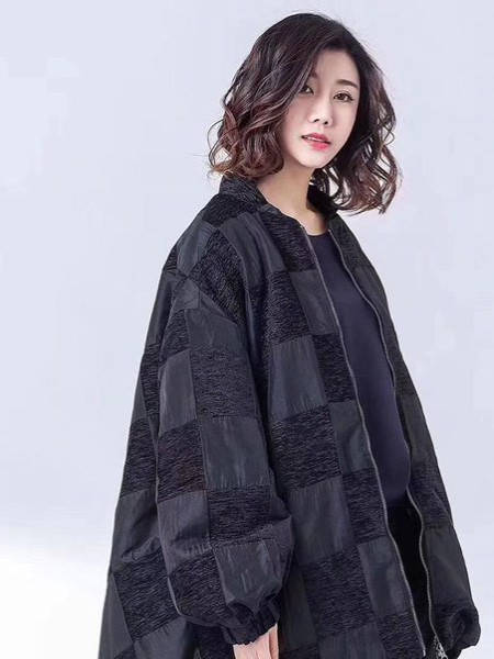 紫布语女装品牌2020秋冬格纹拼接皮外套