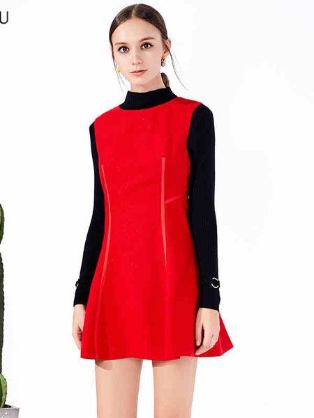 prosilu葆斯奴女装品牌2020秋冬红色织带收腰连衣裙