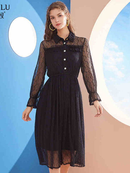 prosilu葆斯奴女装品牌2020秋冬黑色半透明蕾丝雪纺纱裙