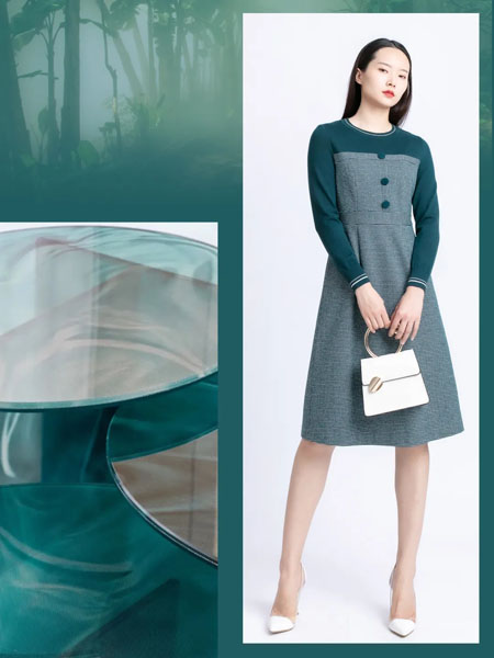 卓影女装品牌2020秋冬青绿色圆领单排扣连衣裙