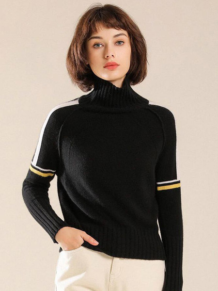 诺薏尔/绒典女装品牌2021春夏黑色经典欧美风羊毛衣