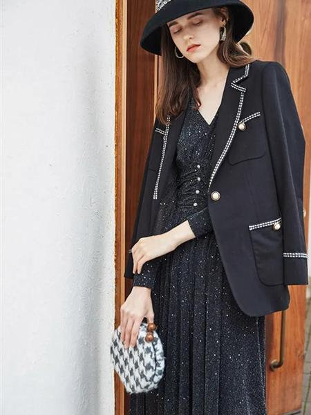 rubin女装品牌2020秋冬黑色优雅气质珍珠扣外套