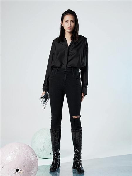 esons女装品牌2020秋冬黑色气质女神丝绸雪纺衬衫
