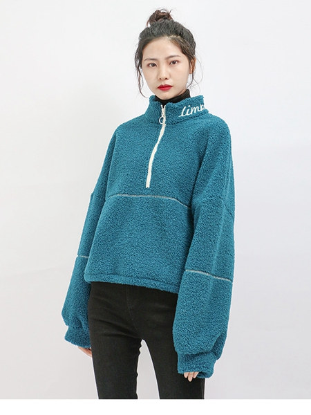 UZZU女装品牌2020秋冬蓝色高领拉链羊羔绒卫衣