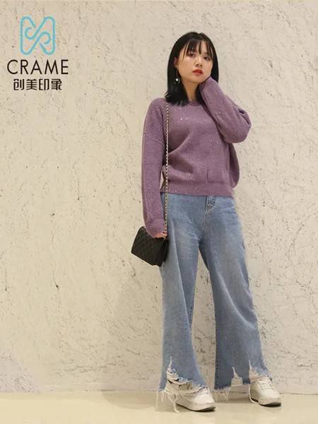 创美印象女装品牌2020秋冬紫色气质百搭针织衫