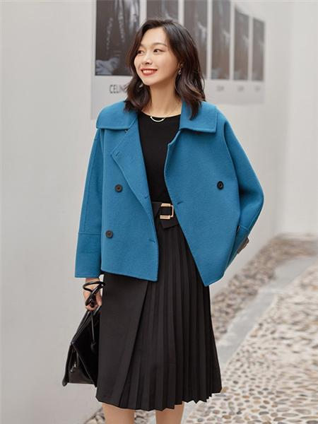 艺元素女装品牌2020秋冬蓝色翻领双排扣短款毛呢外套